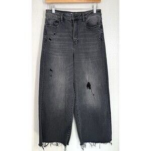 HIDDEN Jeans Wide Leg Barrel Women's Size 30 Black Distressed‎ Denim Cropped EUC